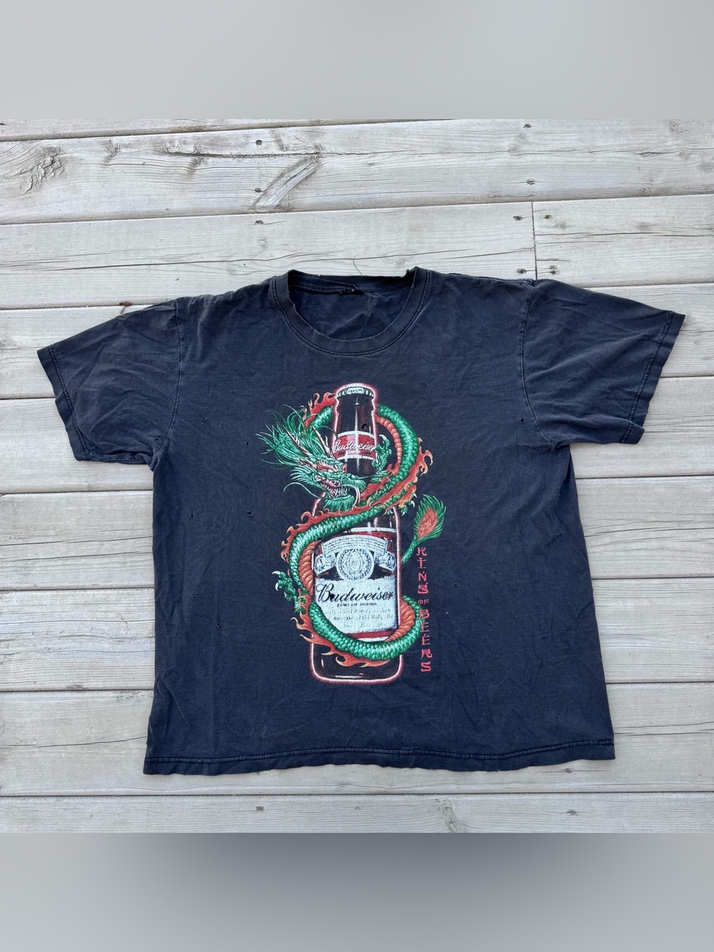 Vintage 90s Black Budweiser King Of Beer Japanese Dragon DISTRESSED NO TAG